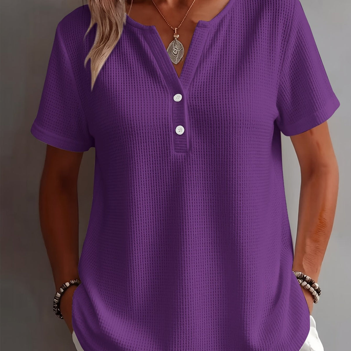 Women's Elegant and Stylish Solid Color Open Hem Decorative Simple V-Neck Short Sleeve Top