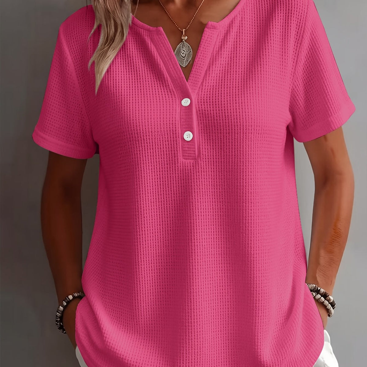 Women's Elegant and Stylish Solid Color Open Hem Decorative Simple V-Neck Short Sleeve Top
