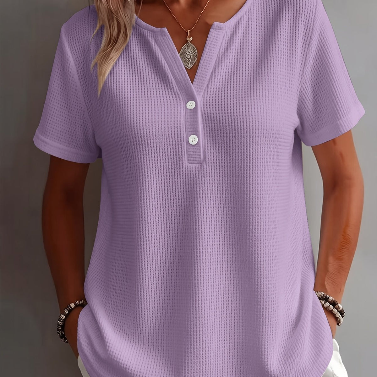 Women's Elegant and Stylish Solid Color Open Hem Decorative Simple V-Neck Short Sleeve Top