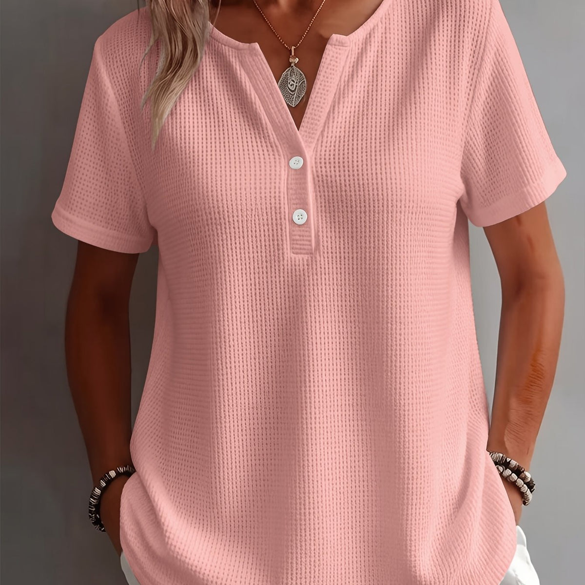 Women's Elegant and Stylish Solid Color Open Hem Decorative Simple V-Neck Short Sleeve Top