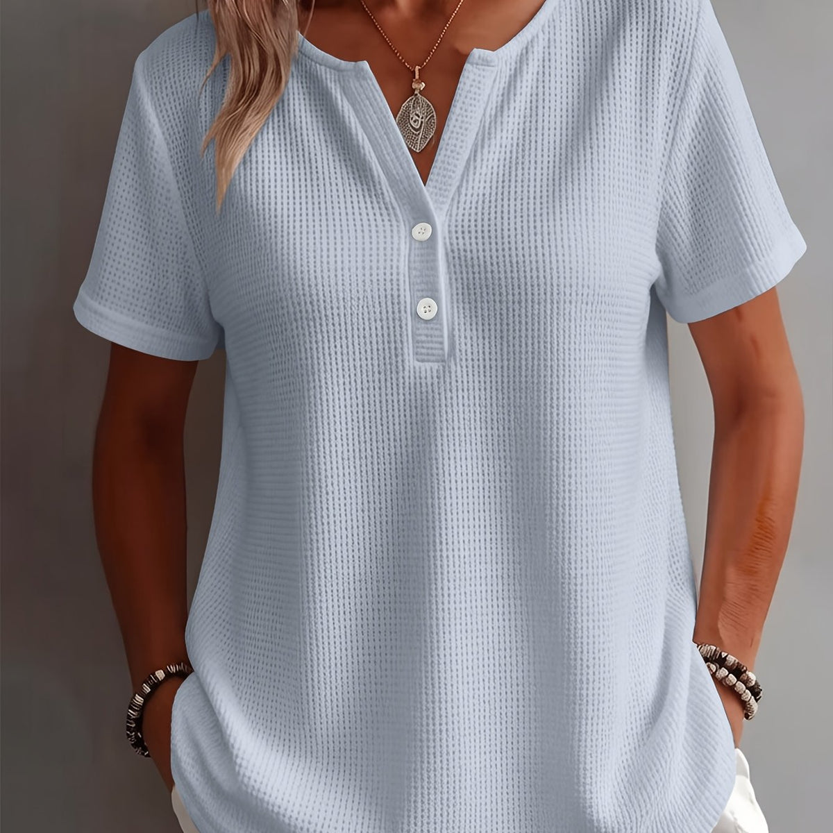 Women's Elegant and Stylish Solid Color Open Hem Decorative Simple V-Neck Short Sleeve Top
