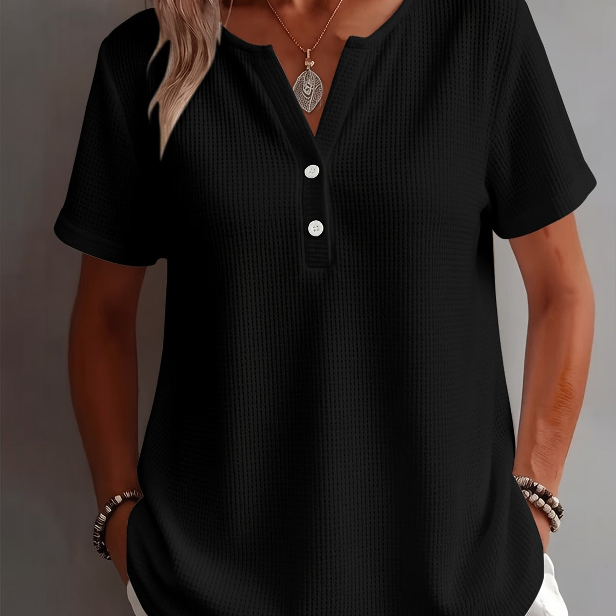 Women's Elegant and Stylish Solid Color Open Hem Decorative Simple V-Neck Short Sleeve Top
