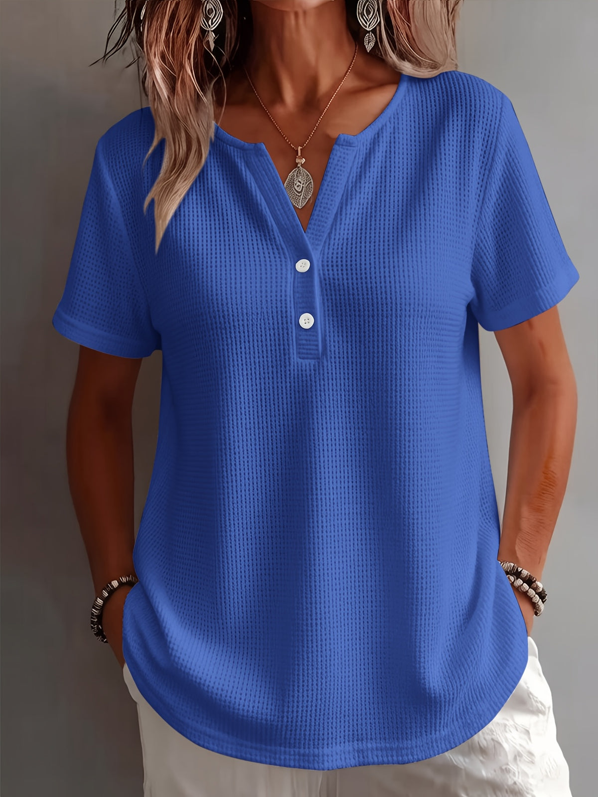 Women's Elegant and Stylish Solid Color Open Hem Decorative Simple V-Neck Short Sleeve Top