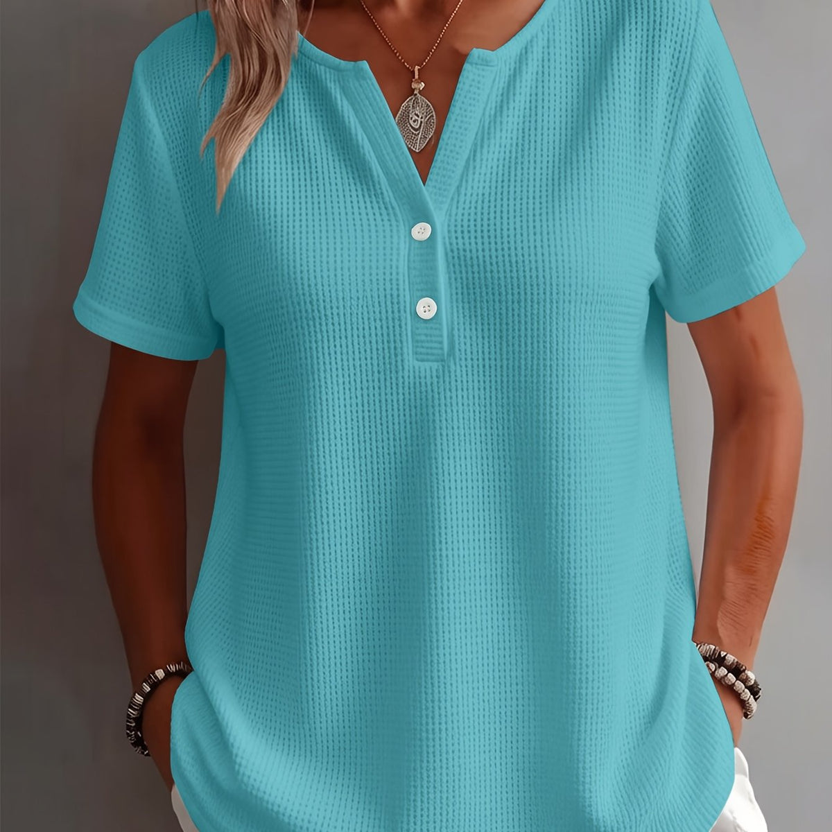 Women's Elegant and Stylish Solid Color Open Hem Decorative Simple V-Neck Short Sleeve Top