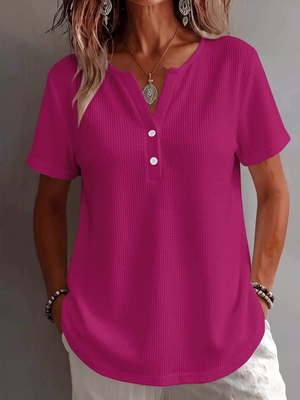 Women's Elegant and Stylish Solid Color Open Hem Decorative Simple V-Neck Short Sleeve Top