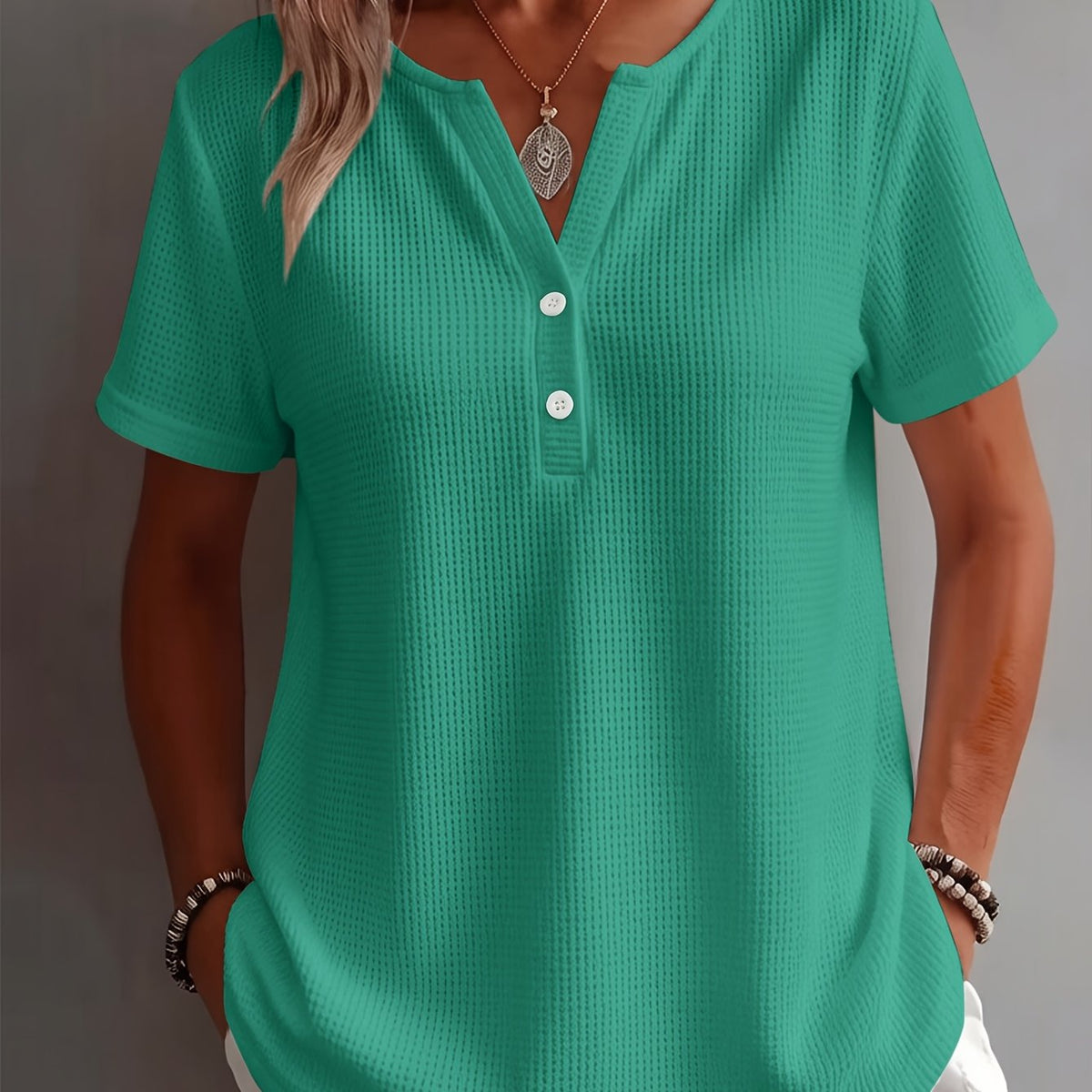 Women's Elegant and Stylish Solid Color Open Hem Decorative Simple V-Neck Short Sleeve Top