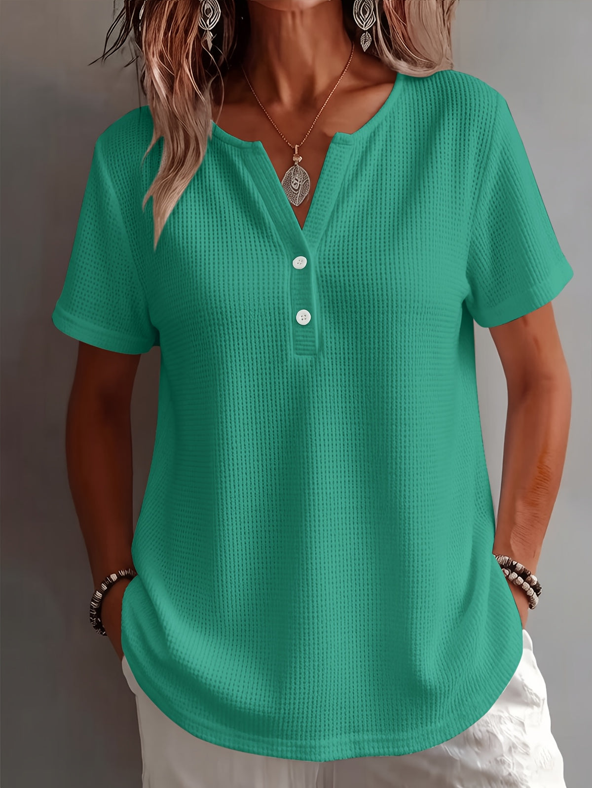 Women's Elegant and Stylish Solid Color Open Hem Decorative Simple V-Neck Short Sleeve Top