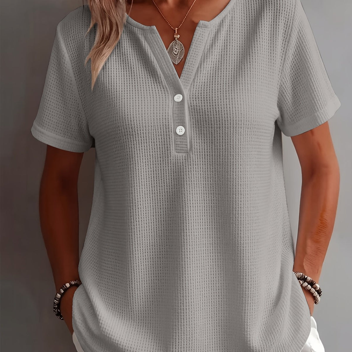 Women's Elegant and Stylish Solid Color Open Hem Decorative Simple V-Neck Short Sleeve Top