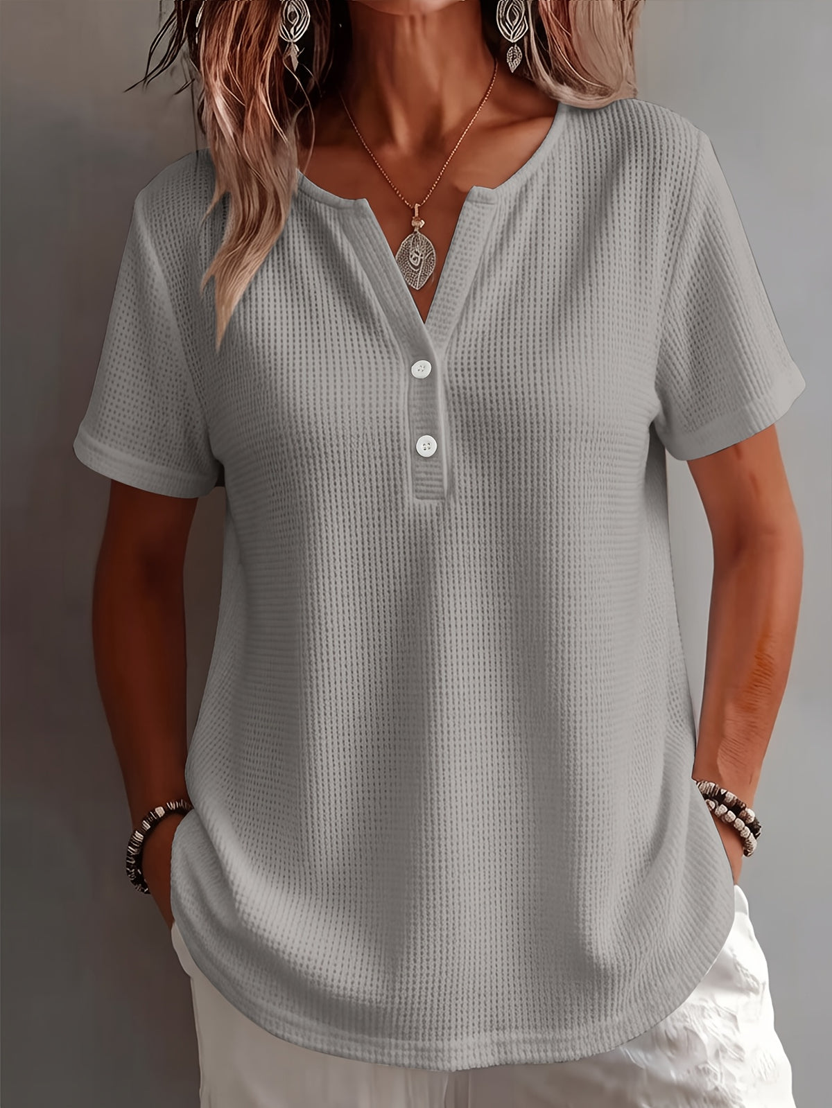 Women's Elegant and Stylish Solid Color Open Hem Decorative Simple V-Neck Short Sleeve Top