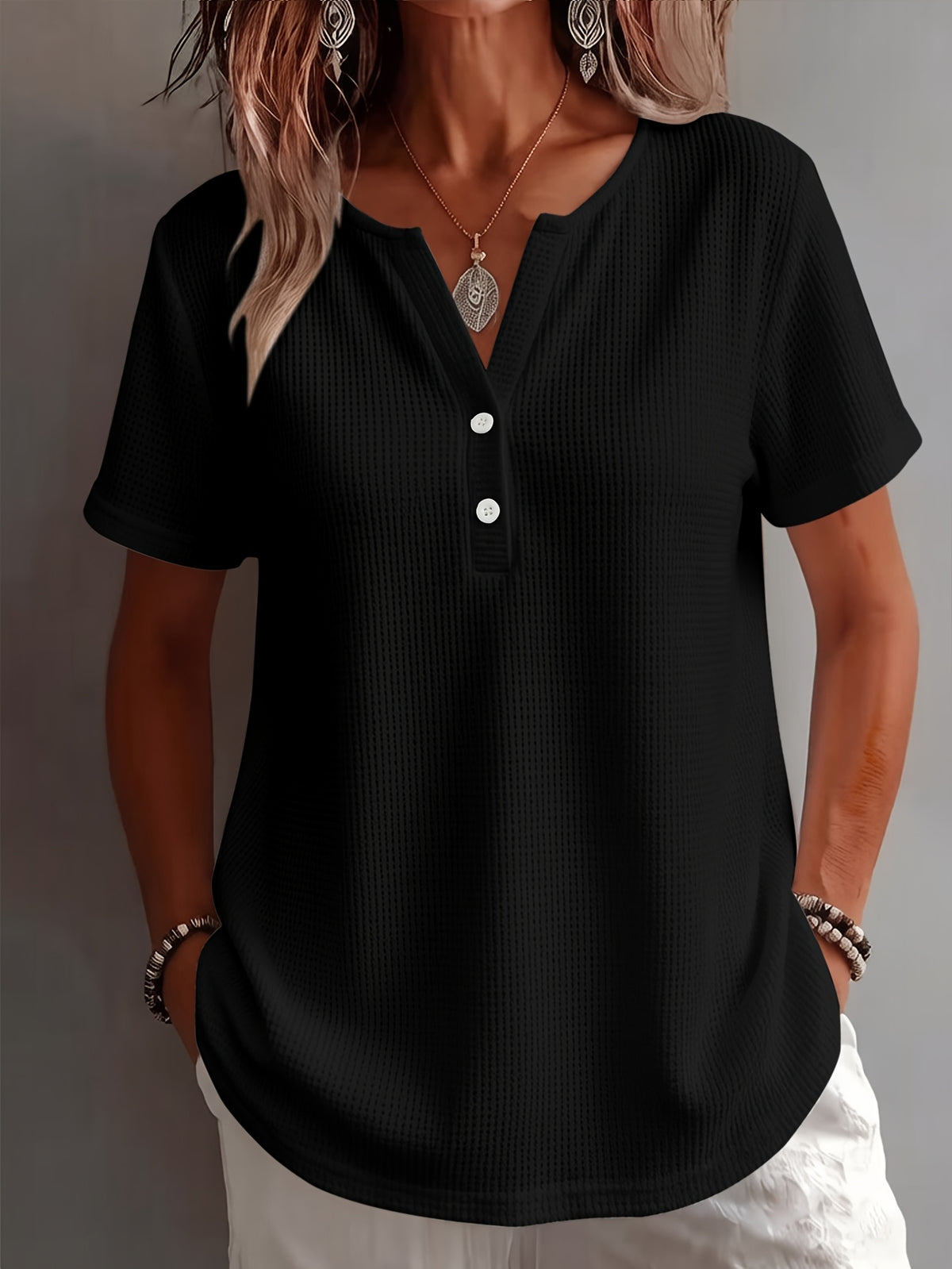 Women's Elegant and Stylish Solid Color Open Hem Decorative Simple V-Neck Short Sleeve Top